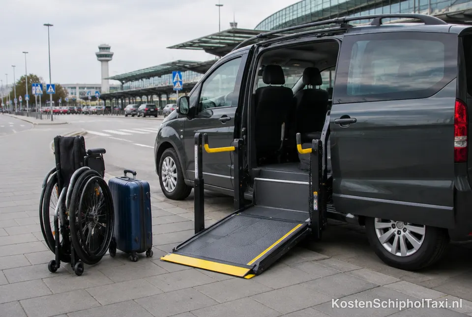 Rolstoelbus bij een luchthaven met oprijplaat